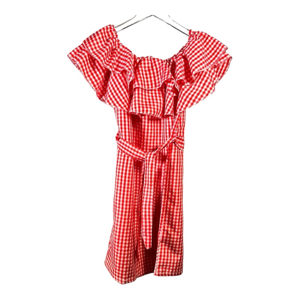 Italia Moda Gingham Ruffle Off Shoulder Dress Red White Size L